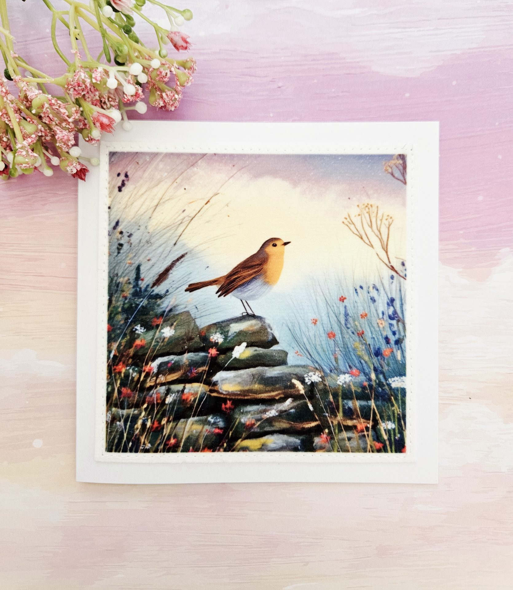 Square handmade robin greeting card featuring a fabric illustration of a garden bird perched on a stone wall, styled with pink flowers.