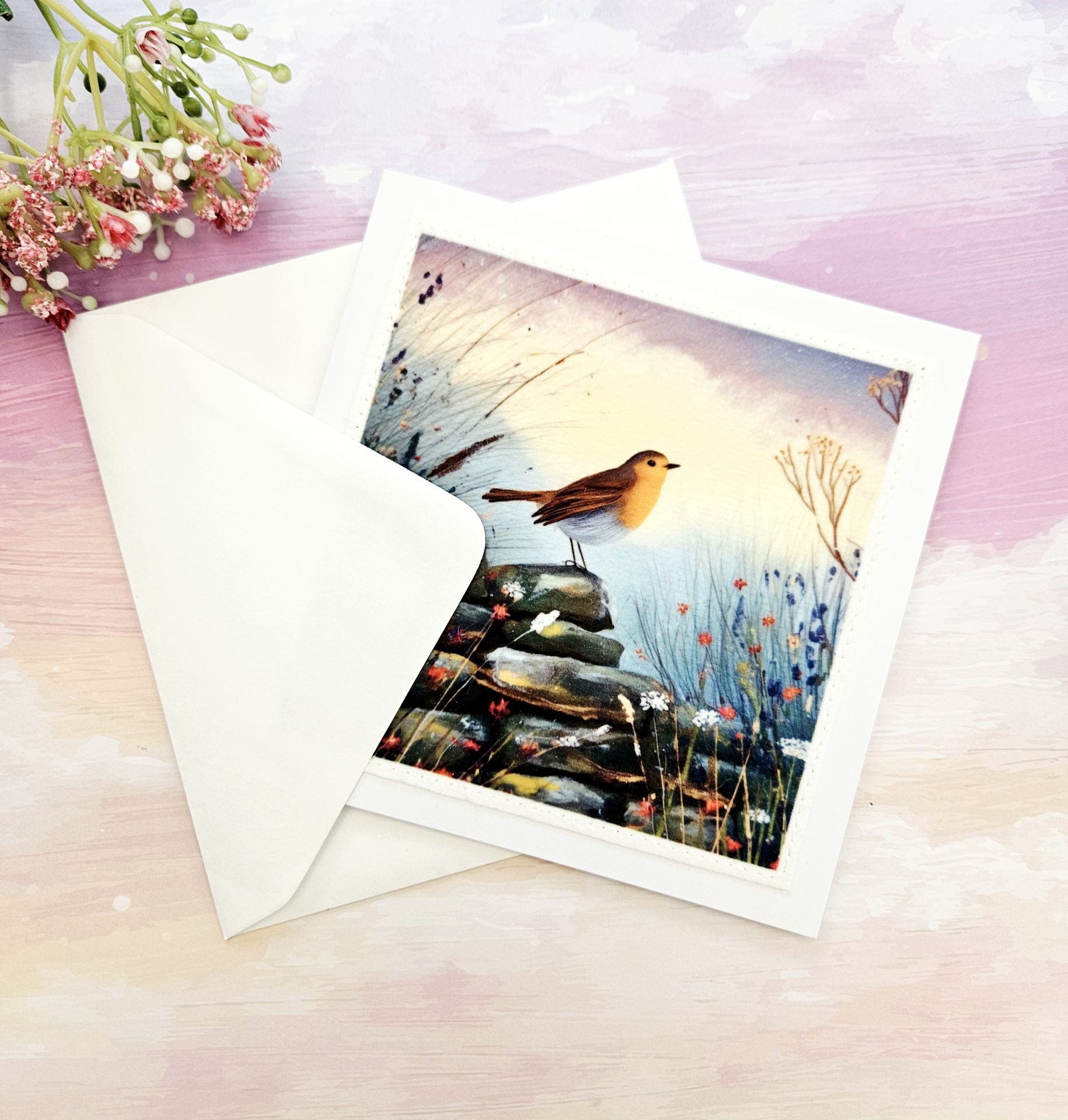 Handmade robin greeting card tucked inside a white paper envelope on a pastel pink background.