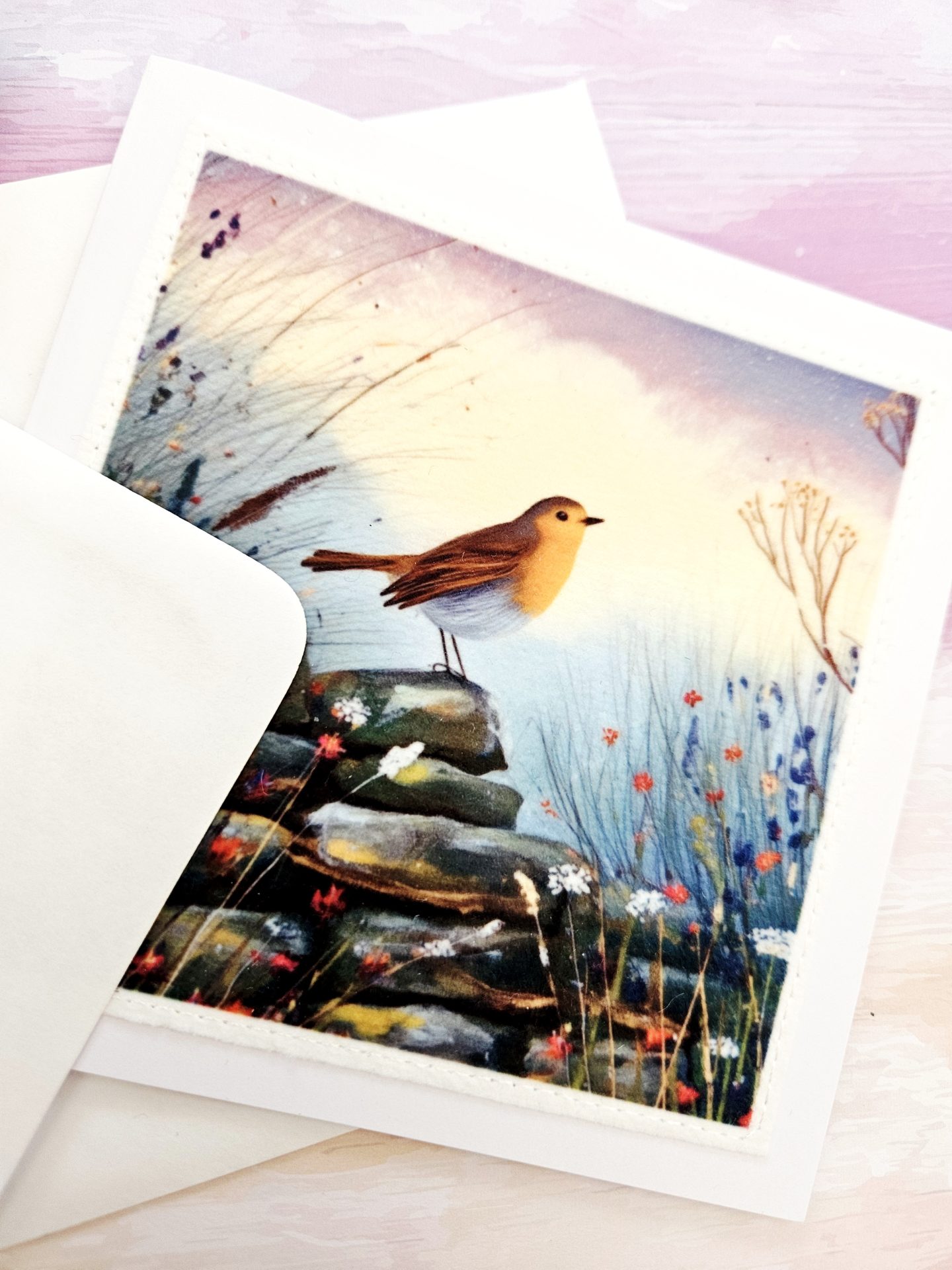 Detailed view of a handmade robin wildlife card and coordinating white envelope.