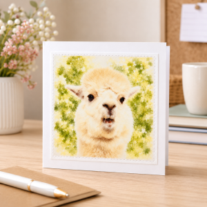 Handmade alpaca greeting card standing upright on a wooden desk alongside beautiful country-themed decorations.