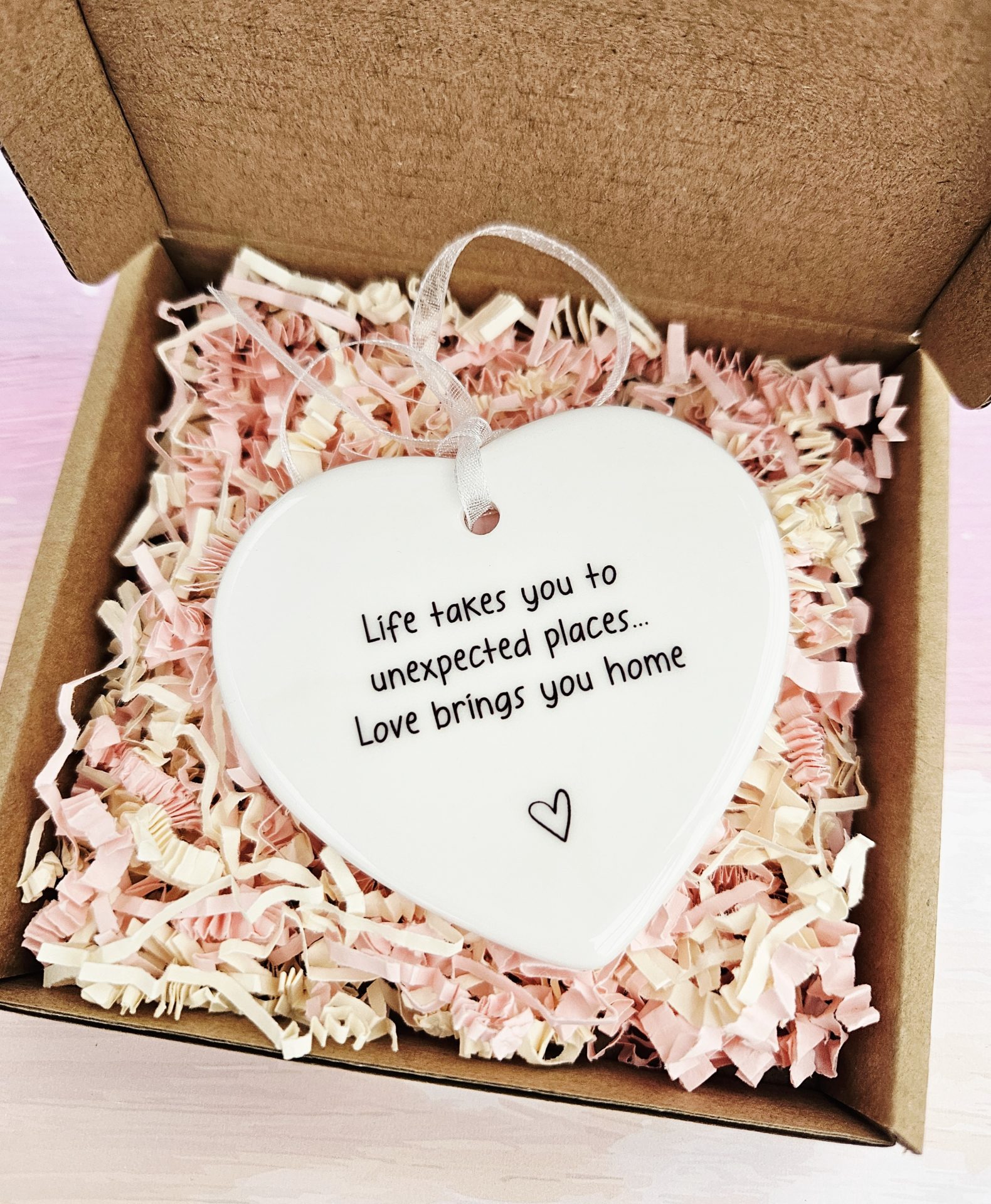 Ceramic heart keepsake gift box with soft pink and cream shredded paper