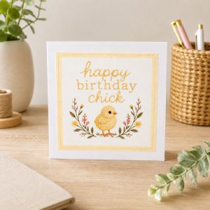 Handmade birthday chick card displayed on a wooden desk next to a pen pot and plant.