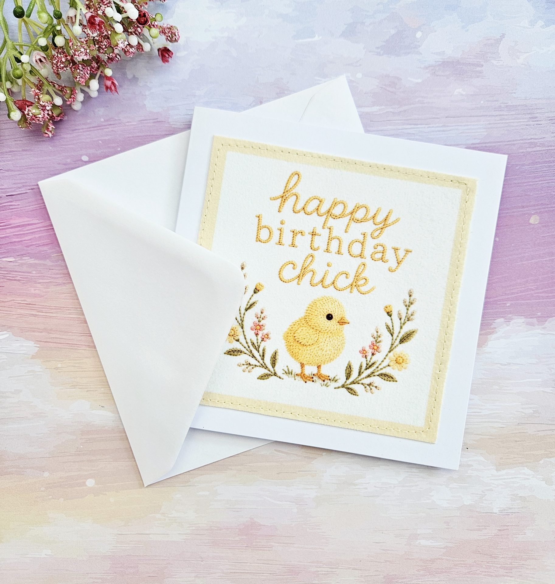 Handmade birthday chick card displayed alongside its matching white envelope.