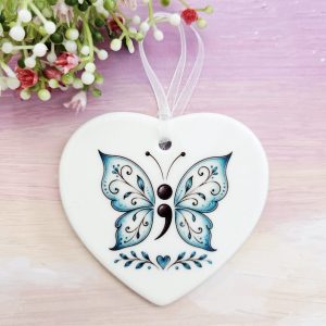 Semicolon Butterfly Ceramic Heart keepsake symbolising hope, strength and new beginnings