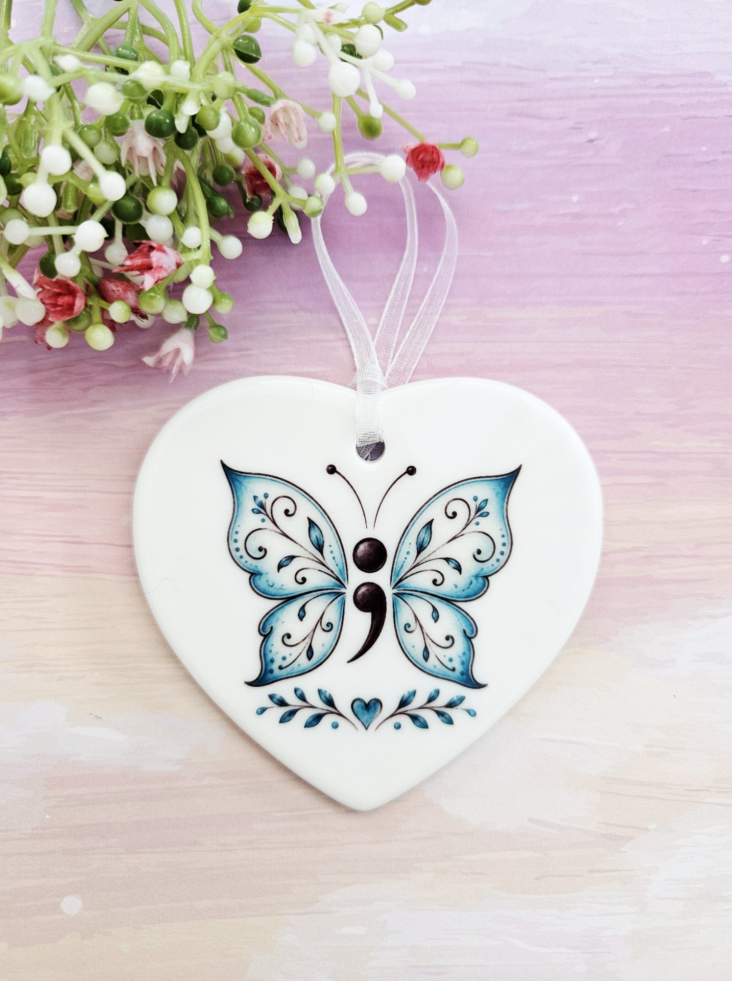 Semicolon Butterfly Ceramic Heart keepsake symbolising hope, strength and new beginnings