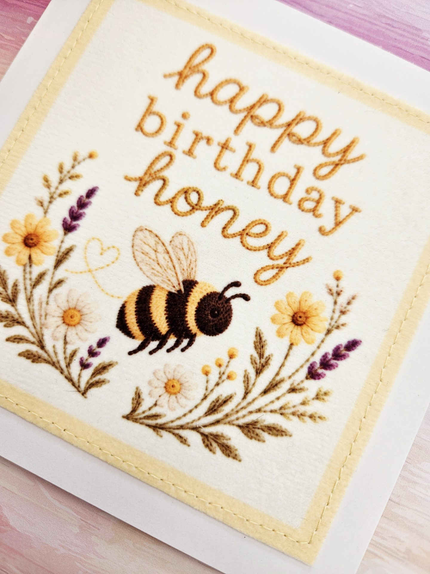 Happy Birthday Honey handmade birthday card with embroidered look bee