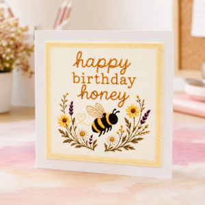 Bee birthday card handmade with stitched fabric bumblebee design