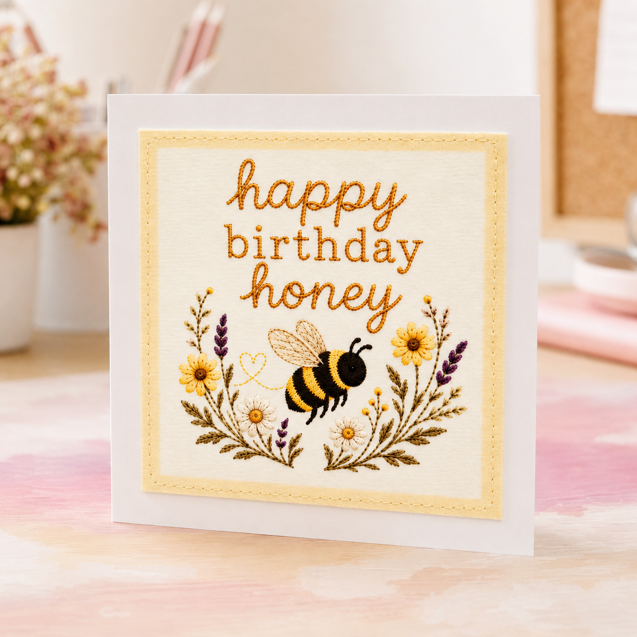 Bee birthday card handmade with stitched fabric bumblebee design