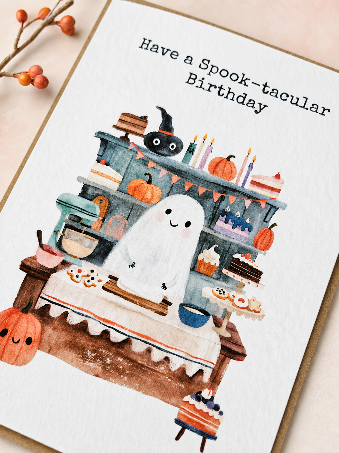 Close-up of cute ghost Halloween birthday card with pumpkins, cakes and baking themed birthday design