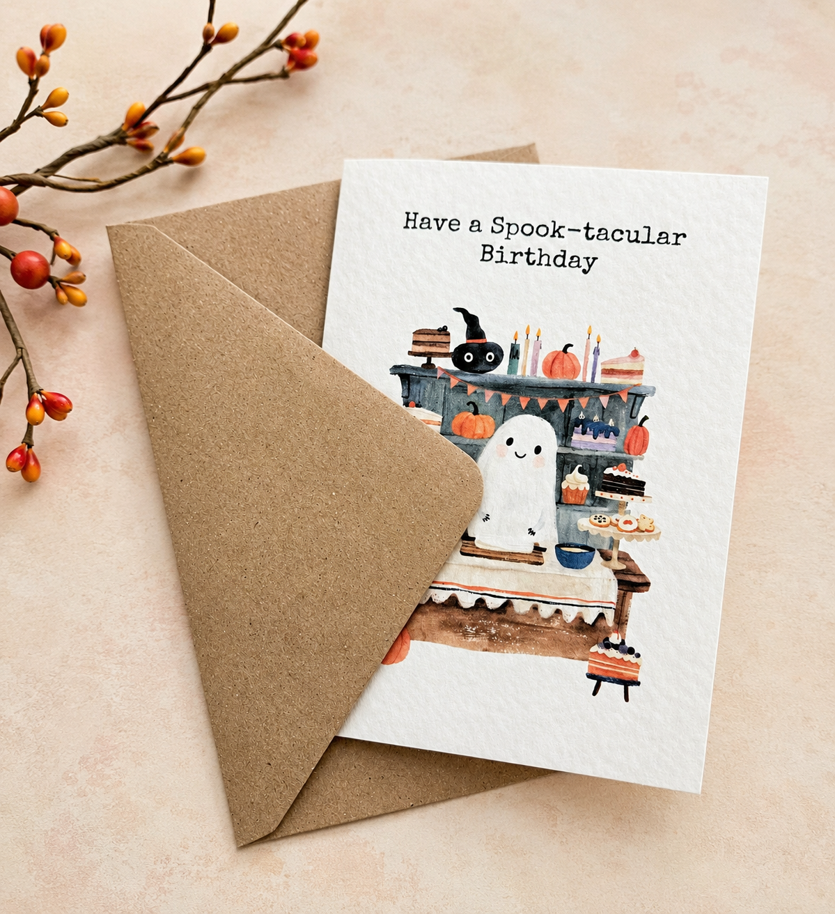 Handmade ghost birthday card with kraft envelope featuring cute Halloween baking, pumpkins and spooky decorations