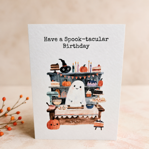 Ghost Halloween birthday card displayed with kraft envelope, ideal for an October or autumn birthday