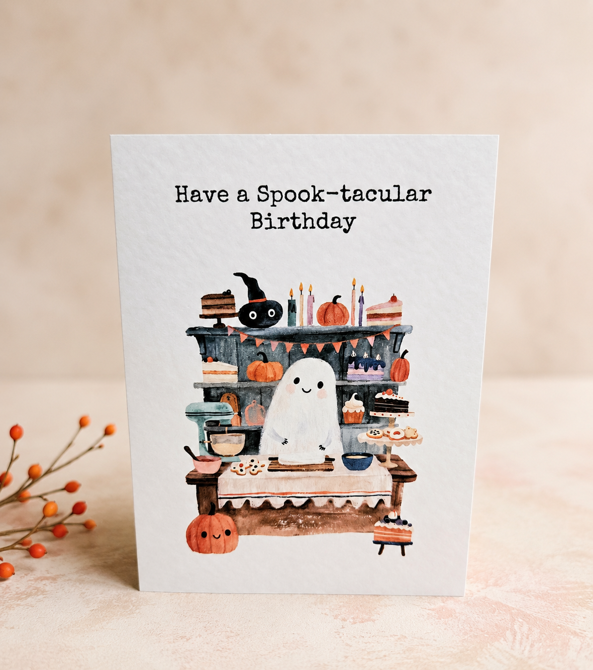 Ghost Halloween birthday card displayed with kraft envelope, ideal for an October or autumn birthday
