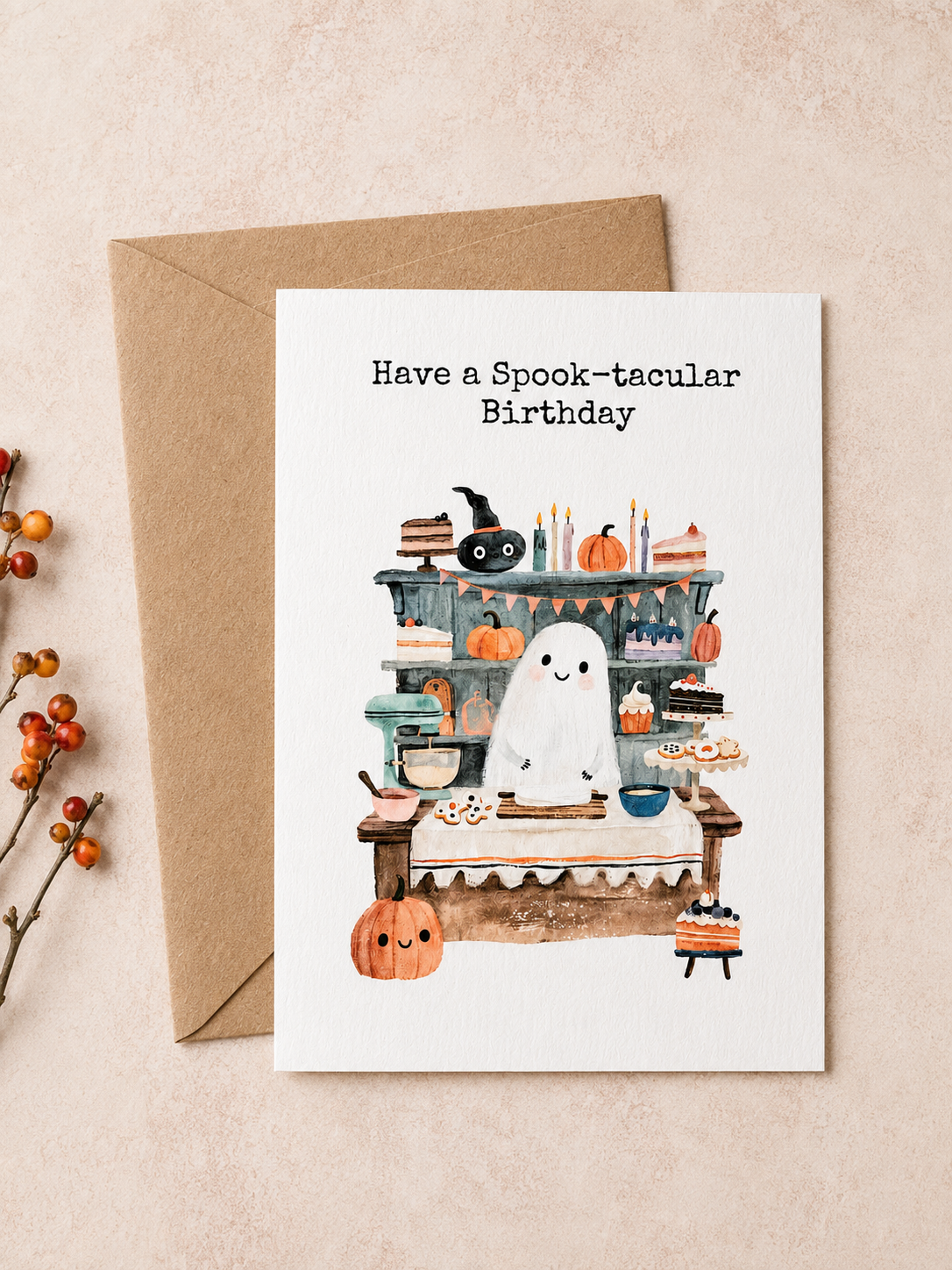Cute ghost Halloween birthday card with baking scene, pumpkins and Have a Spook-tacular Birthday wording