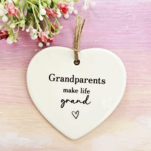 Grandparents make life grand ceramic heart gift with natural twine