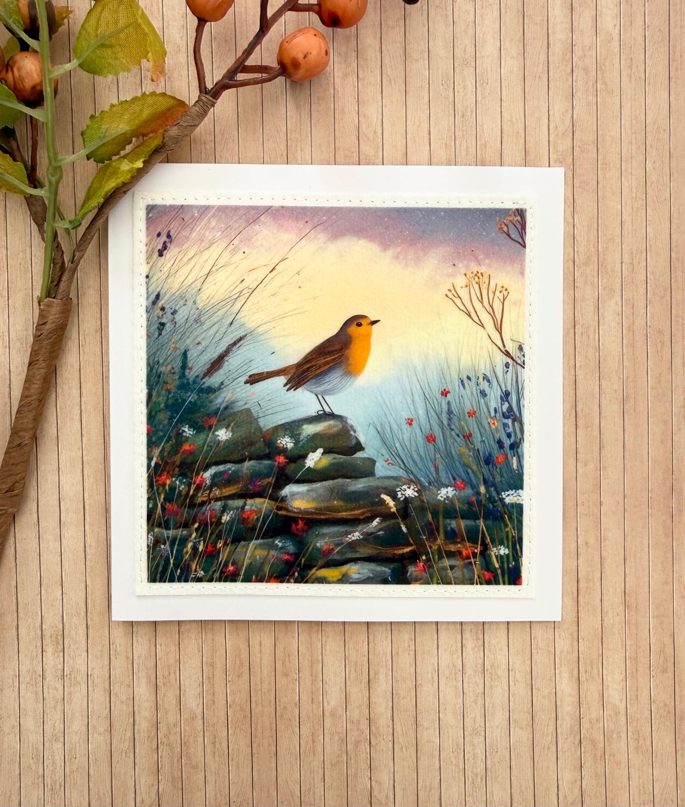 Handmade robin greeting card featuring a stitched fabric countryside design.