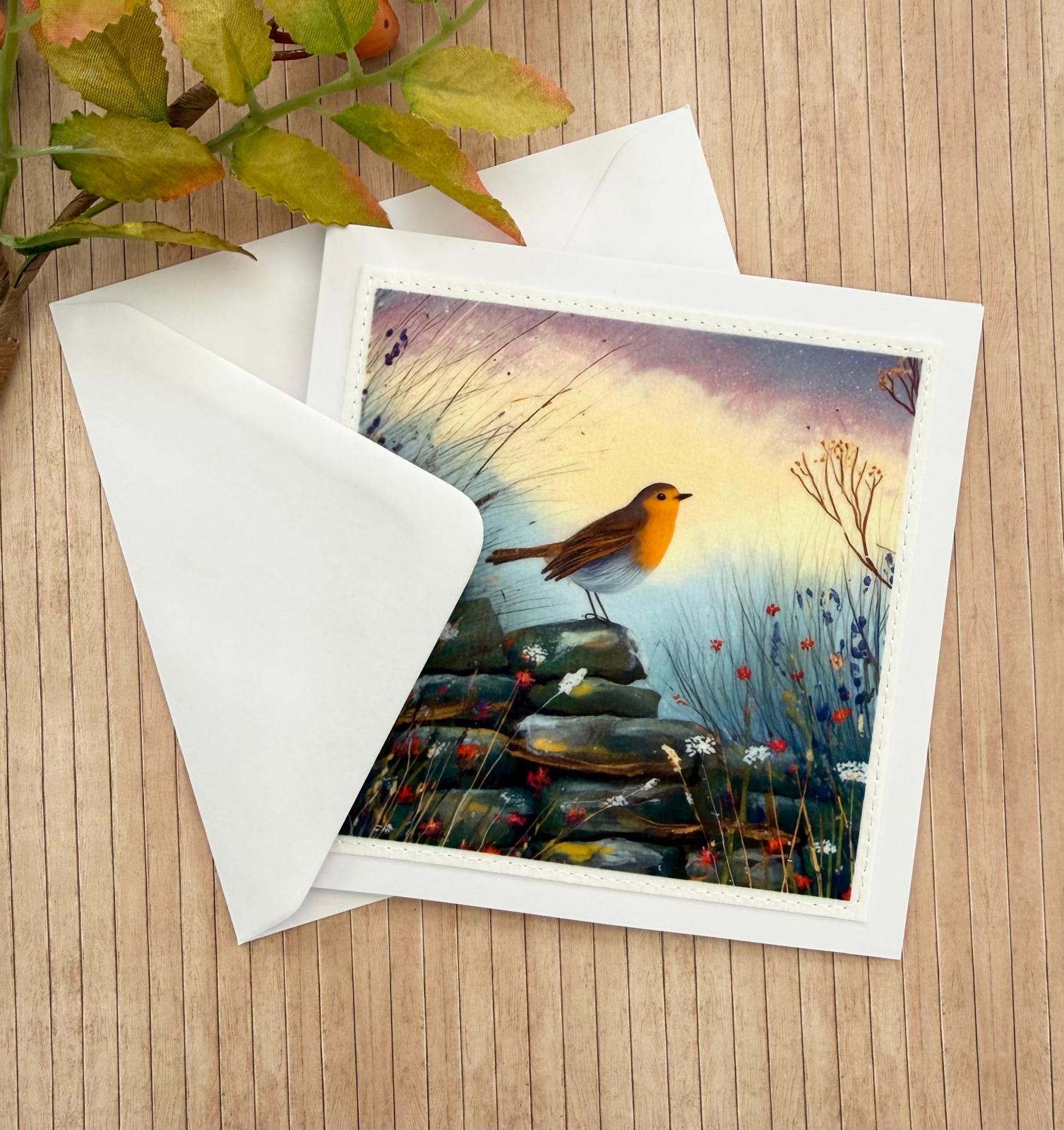 Handmade robin greeting card supplied with a white envelope.