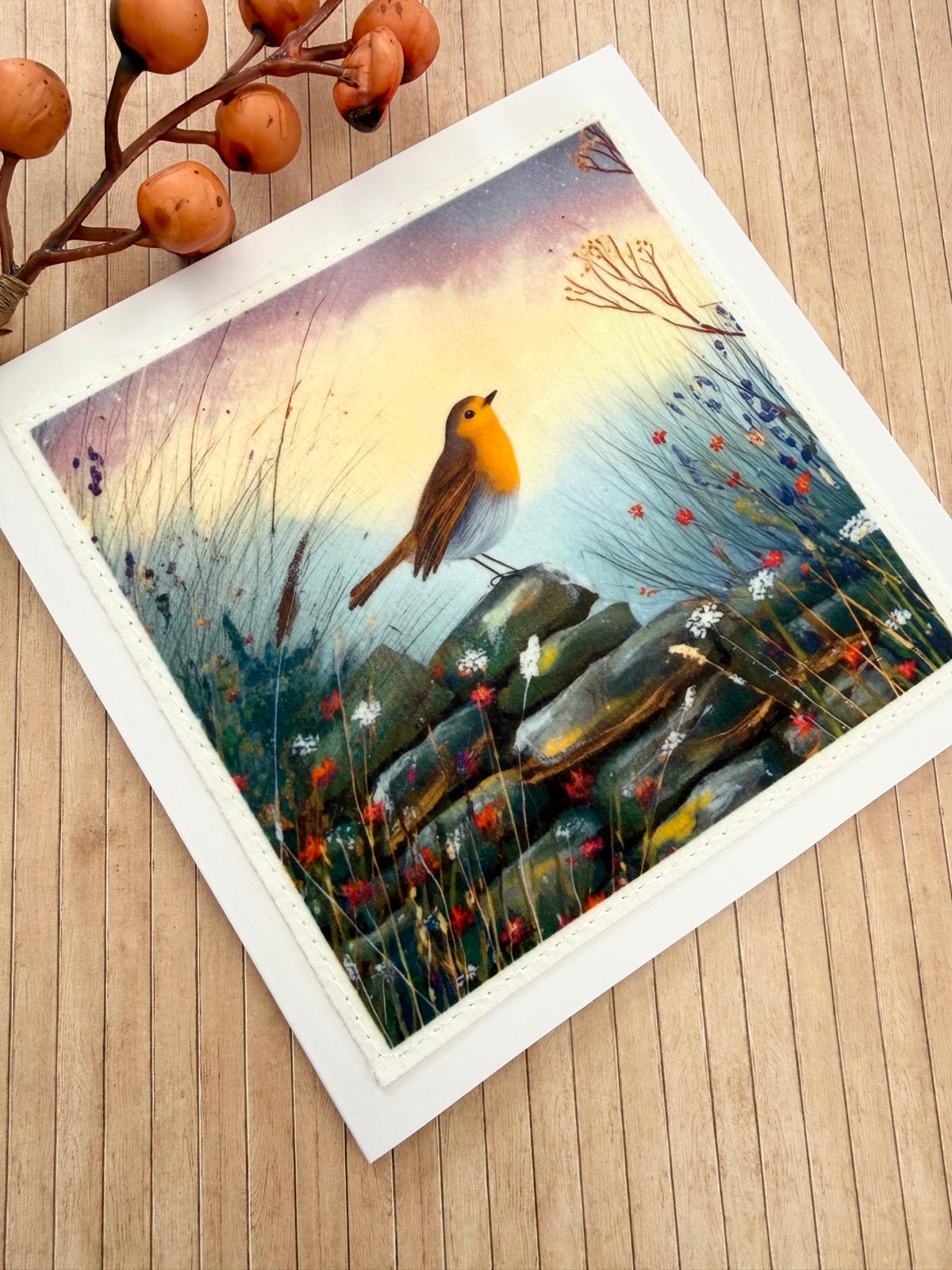 Angled view of a handmade robin greeting card with stitched fabric artwork.