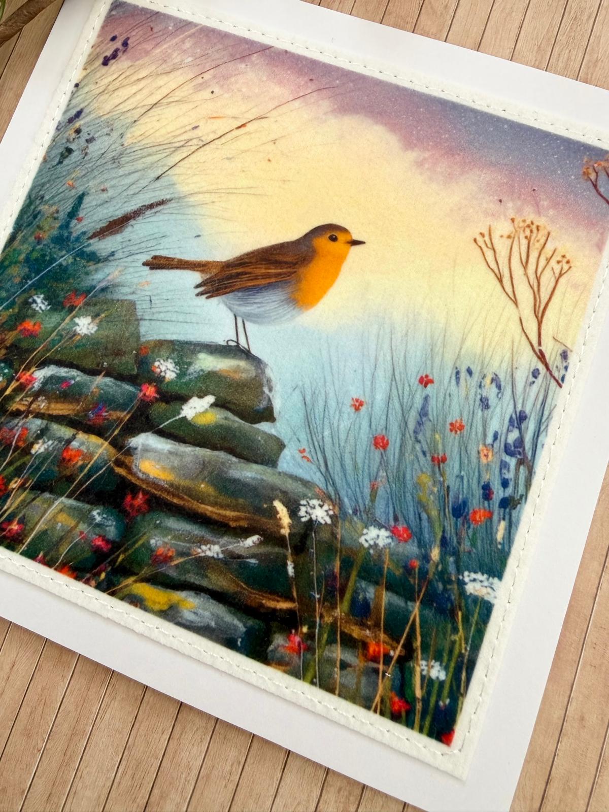 Close-up of the stitched robin fabric illustration on a handmade greeting card.