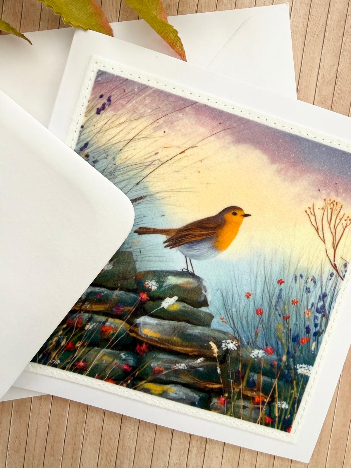 Close-up of a handmade robin greeting card with white envelope.