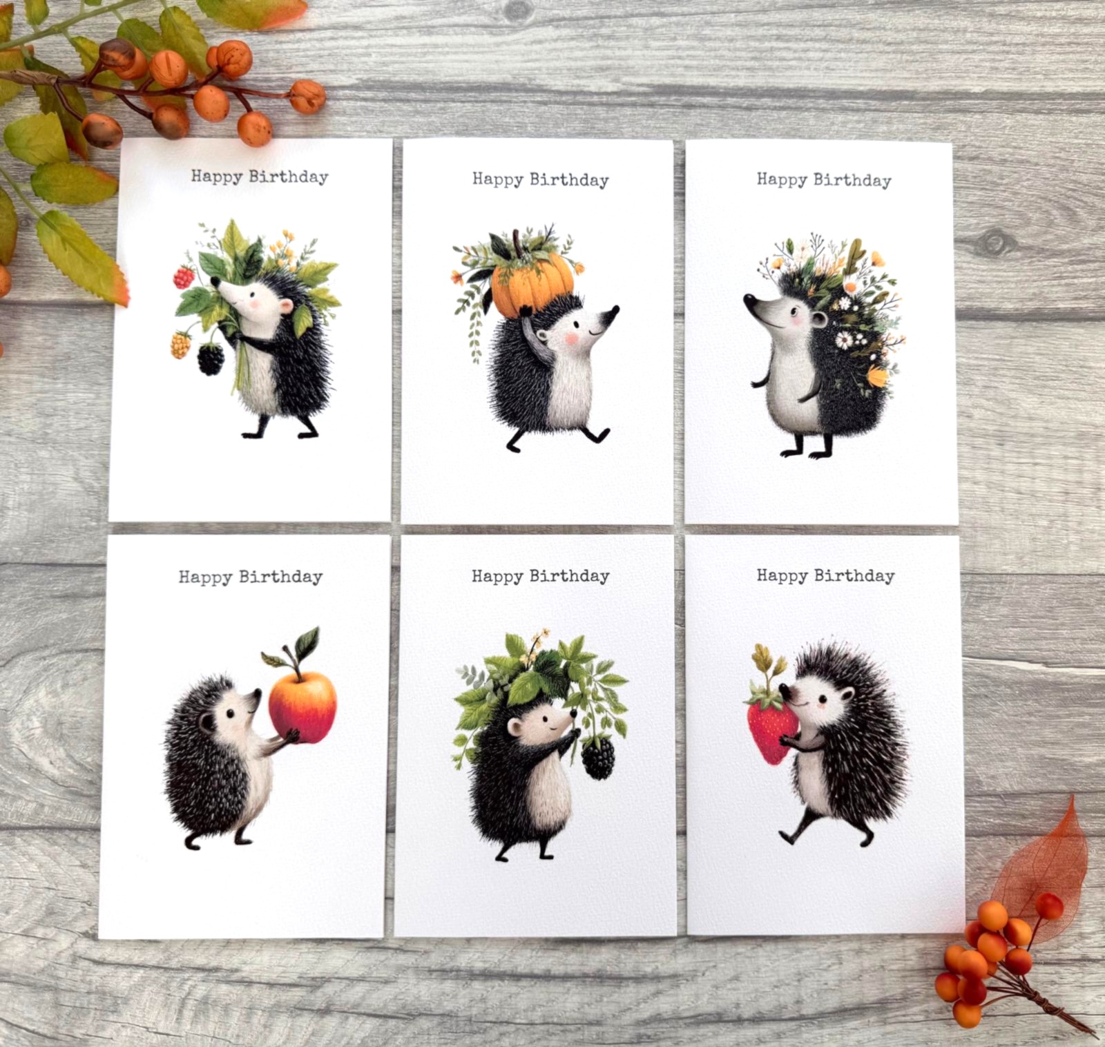 Hedgehog birthday card pack with six handmade A6 woodland greeting cards