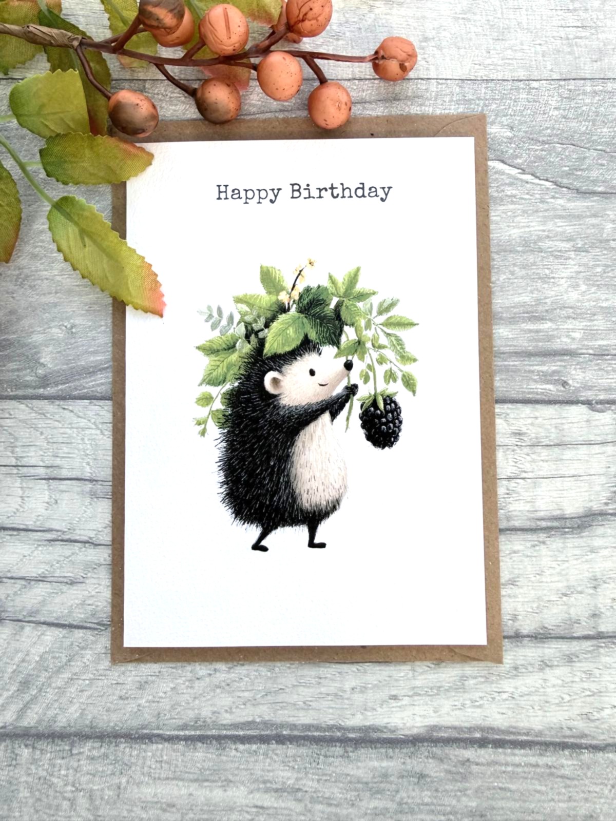 Handmade hedgehog birthday card with blackberry design and kraft brown envelope
