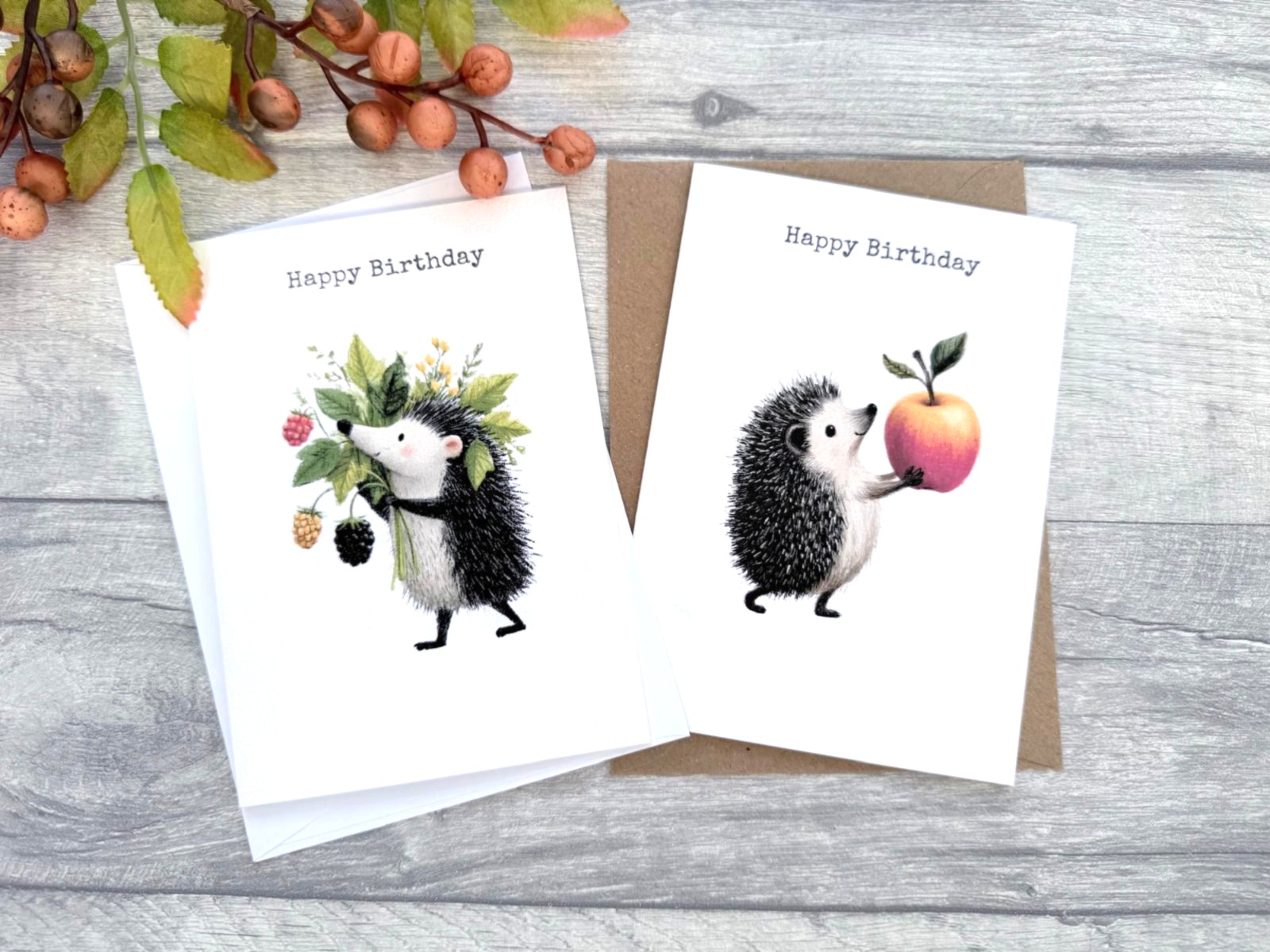 Hedgehog birthday card pack showing choice of white or kraft brown envelopes