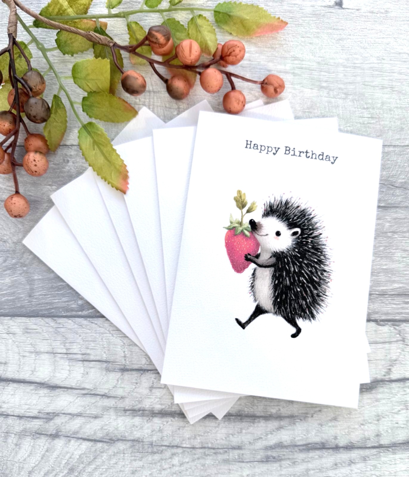 Set of six handmade hedgehog birthday cards supplied with white envelopes