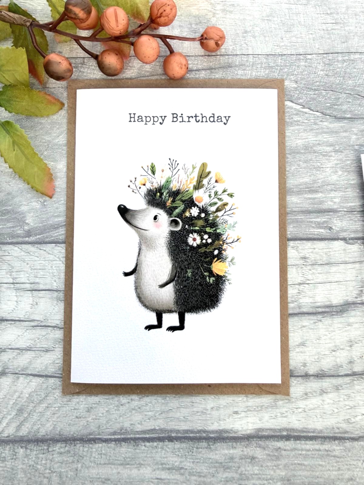 Floral hedgehog birthday card from a handmade set of six woodland greeting cards