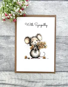 Mouse sympathy card with woodland mouse holding flowers and With Sympathy wording