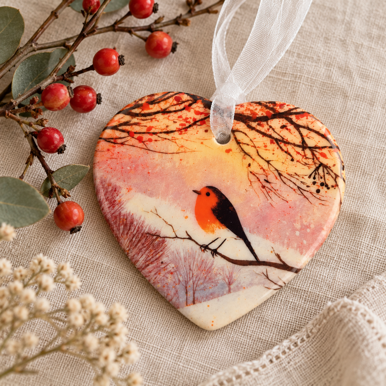 Robin ceramic heart keepsake with red winter berries and soft pink countryside illustration, a woodland decoration or thinking of you gift.
