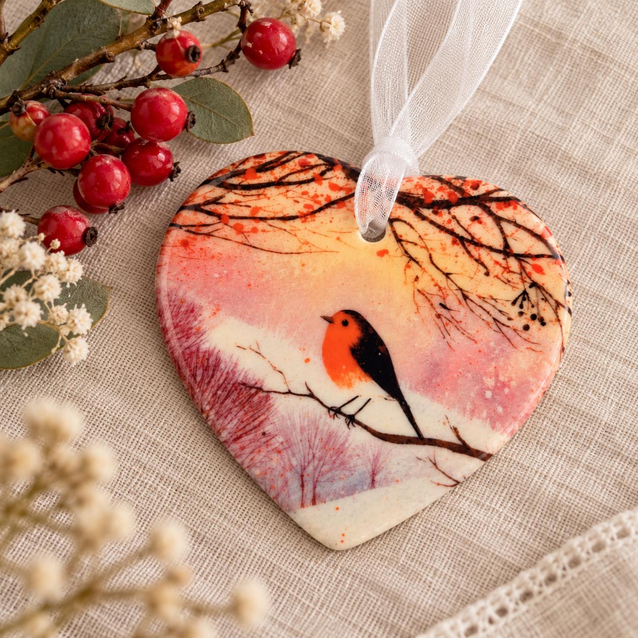 Close-up of robin hanging ceramic heart showing a British garden bird perched on a branch, a charming wildlife gift or remembrance keepsake.