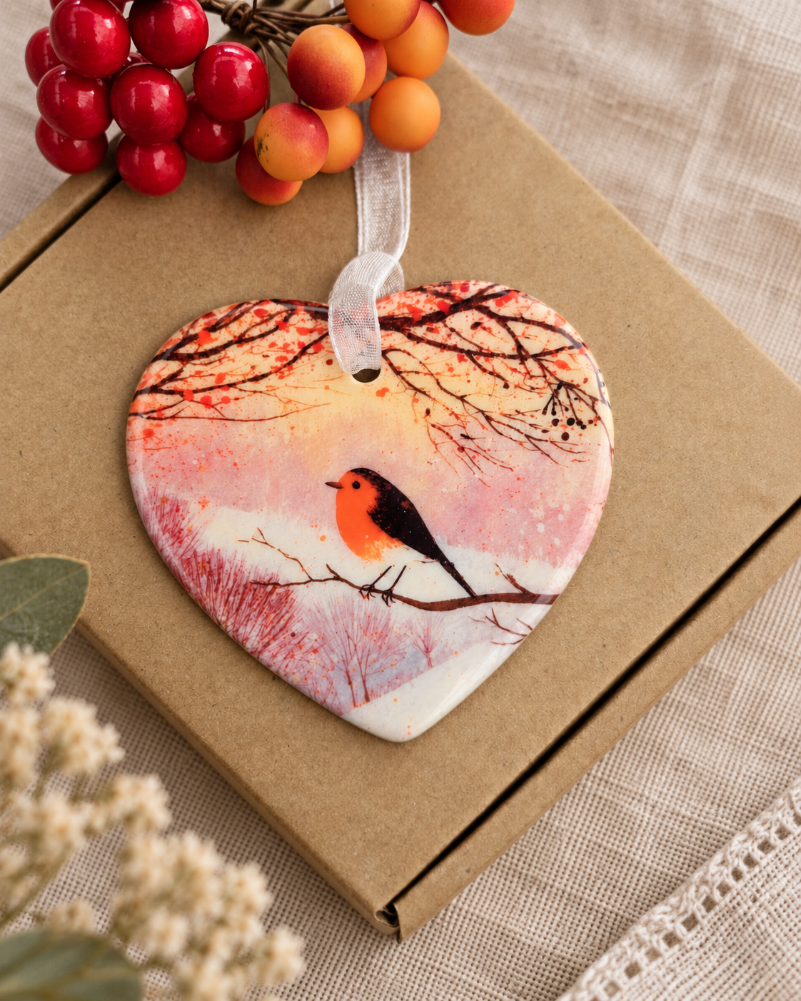 Robin ceramic heart displayed on a kraft gift box with autumn berries, a thoughtful birthday, Christmas or just because gift for robin lovers.