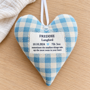 Personalised new baby boy gift, handmade blue gingham fabric hanging heart with baby's name and birth details, nursery decoration and newborn keepsake