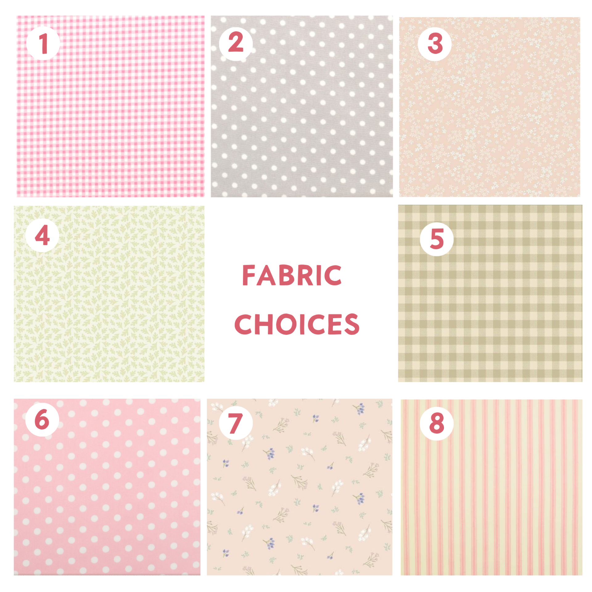 Chart showing eight fabric choices for a personalised baby girl hanging heart, including pink gingham, grey spots, florals and pink stripes.