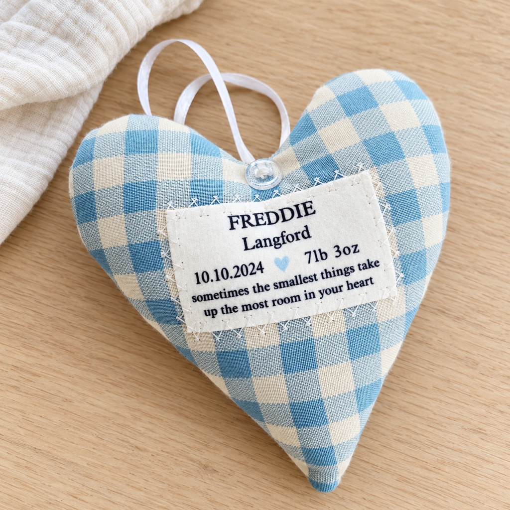 Personalised new baby boy fabric heart keepsake in blue gingham cotton, featuring baby's name and birth details, handmade in Wales.