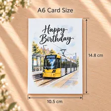 A6 Manchester tram birthday card measuring 10.5 x 14.8 cm, featuring a yellow tram in a watercolour style on white cardstock.
