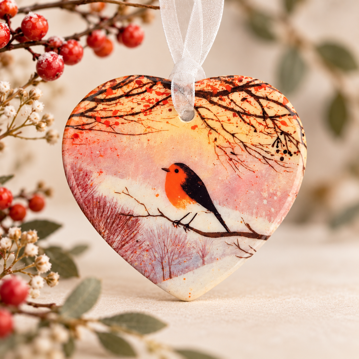 Robin ceramic heart hanging ornament with white organza ribbon, featuring a pink woodland landscape, a thoughtful nature-inspired gift.