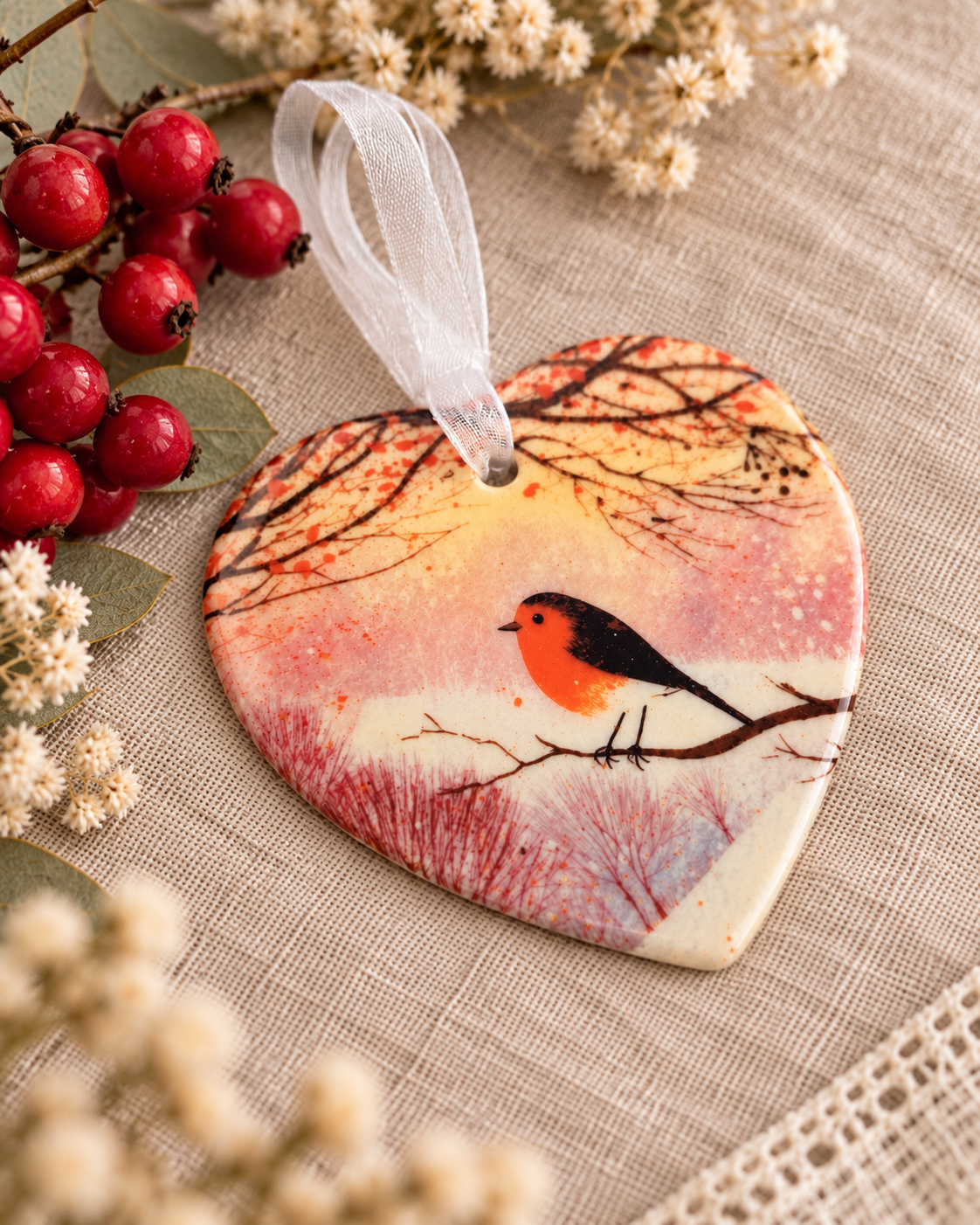 Angled photograph of glossy robin ceramic heart ornament with white hanging ribbon, a pretty country cottage or woodland home decoration.